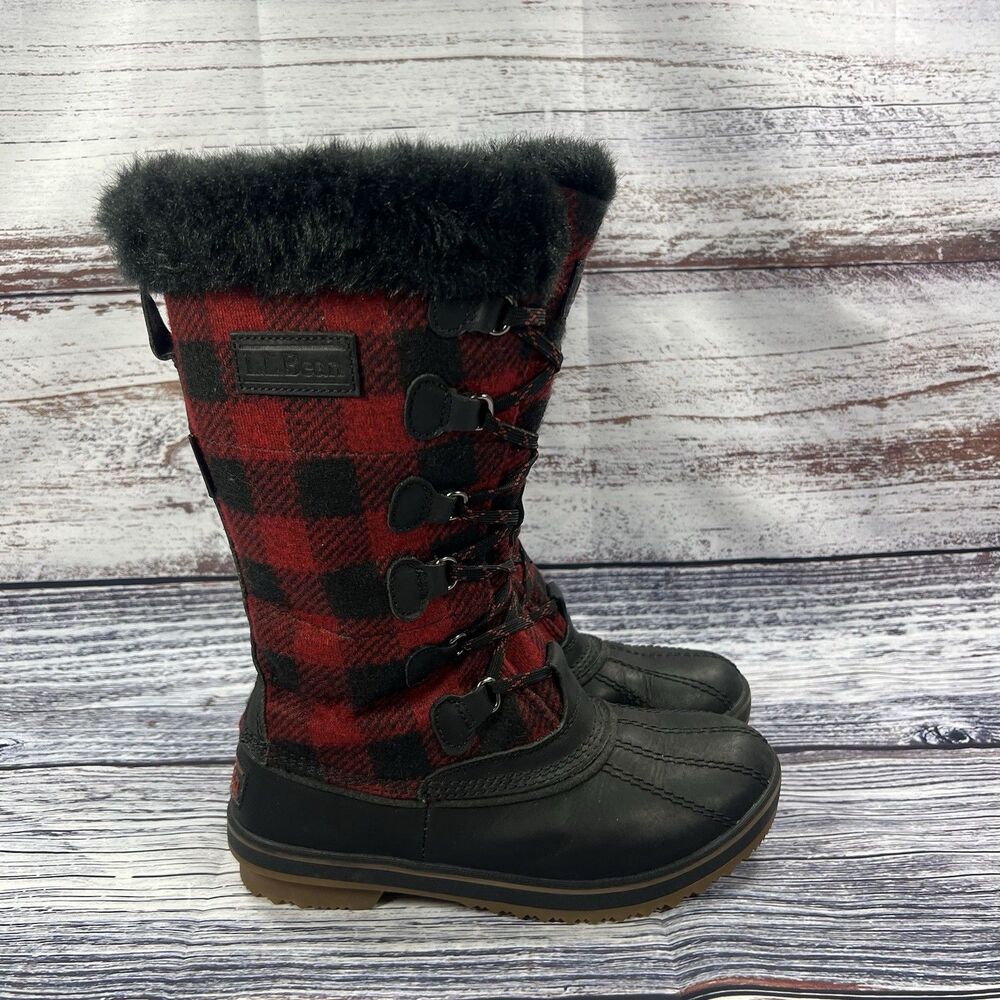 LL Bean Rangeley Buffalo Plaid Red Black Winter Boots, Women’s Size 6